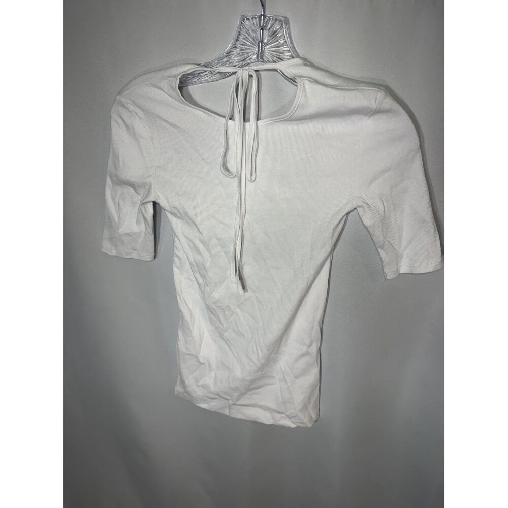 ZARA White Ribbed Knit Half Sleeve Top Open Tie Back Basic Women’s Small